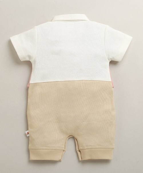 Beige & Pink Boys Half Sleeves Party Wear Romper With Attached Tie