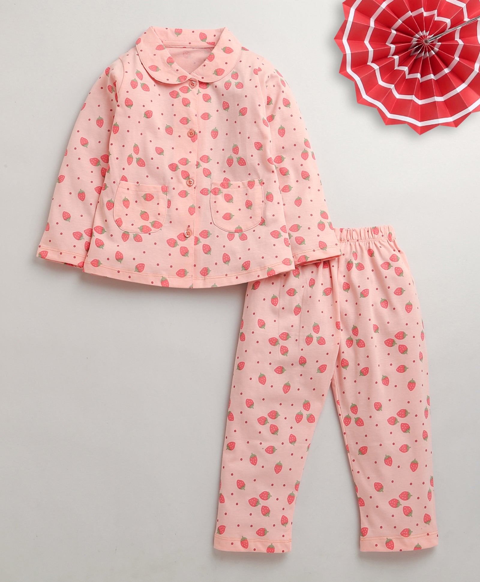Peach Girls Full Sleeves Cotton Night Suit