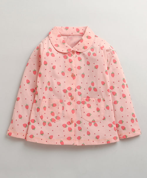 Girls 100% Cotton Strawberry Print Nightsuit - Peach