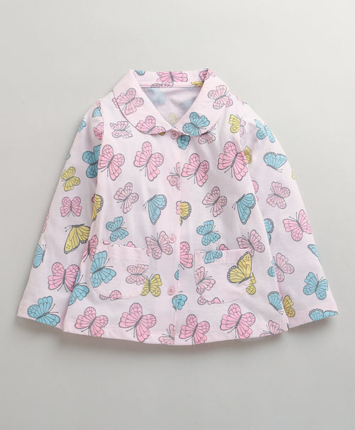 Girls 100% Cotton Butterfly Print Nightsuit - Pink