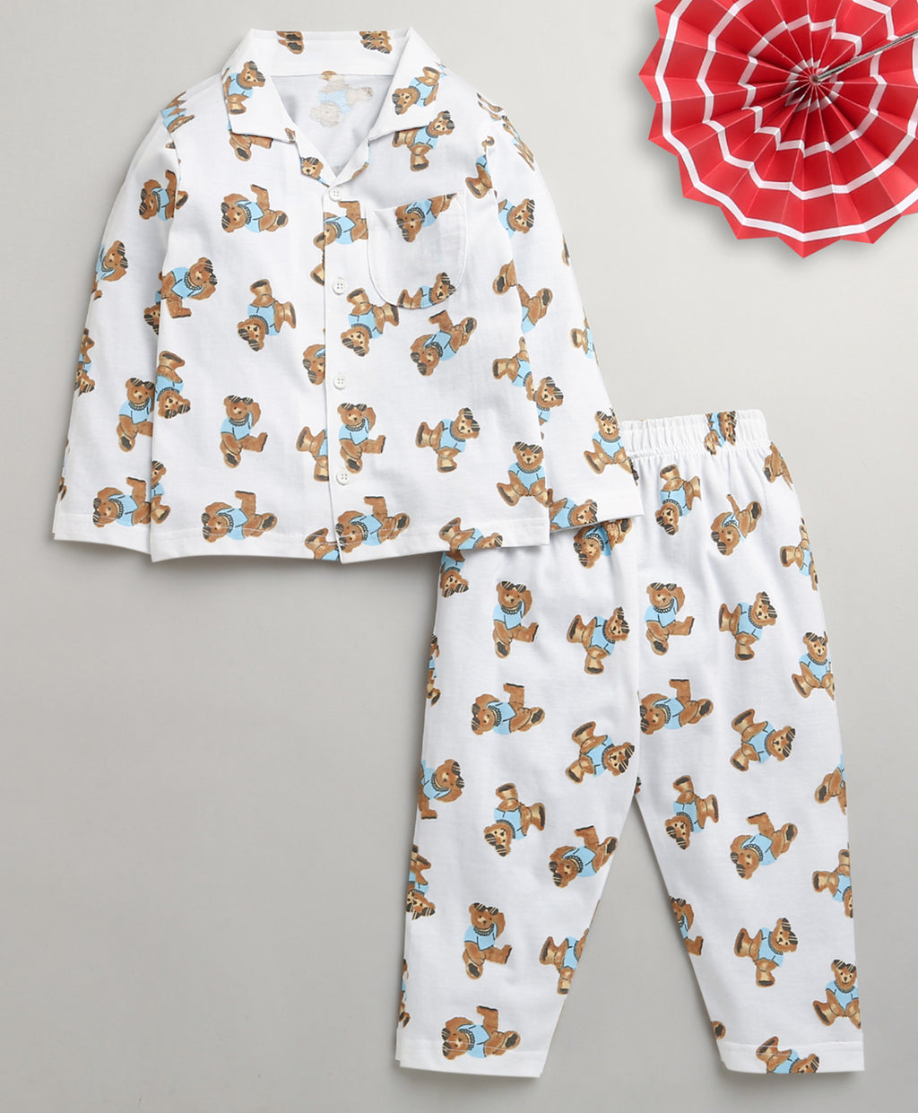 Bumzee White Animal Print Nightsuit, Full Sleeves, 100% Cotton (Style Peb11179)