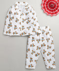 Bumzee White Animal Print Nightsuit, Full Sleeves, 100% Cotton (Style Peb11179)