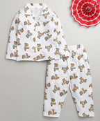 Bumzee White Animal Print Nightsuit, Full Sleeves, 100% Cotton (Style Peb11179)
