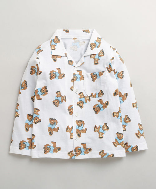 Boys 100% Cotton Teddy Print Nightsuit - White