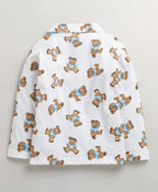 Bumzee White Animal Print Nightsuit, Full Sleeves, 100% Cotton (Style Peb11179)
