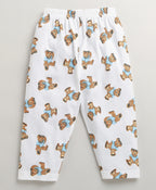Bumzee White Animal Print Nightsuit, Full Sleeves, 100% Cotton (Style Peb11179)