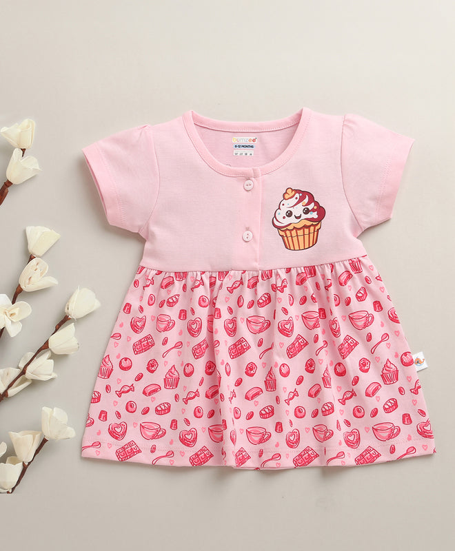 Pink Girls Cap Sleeves Cotton Knee Length Frock