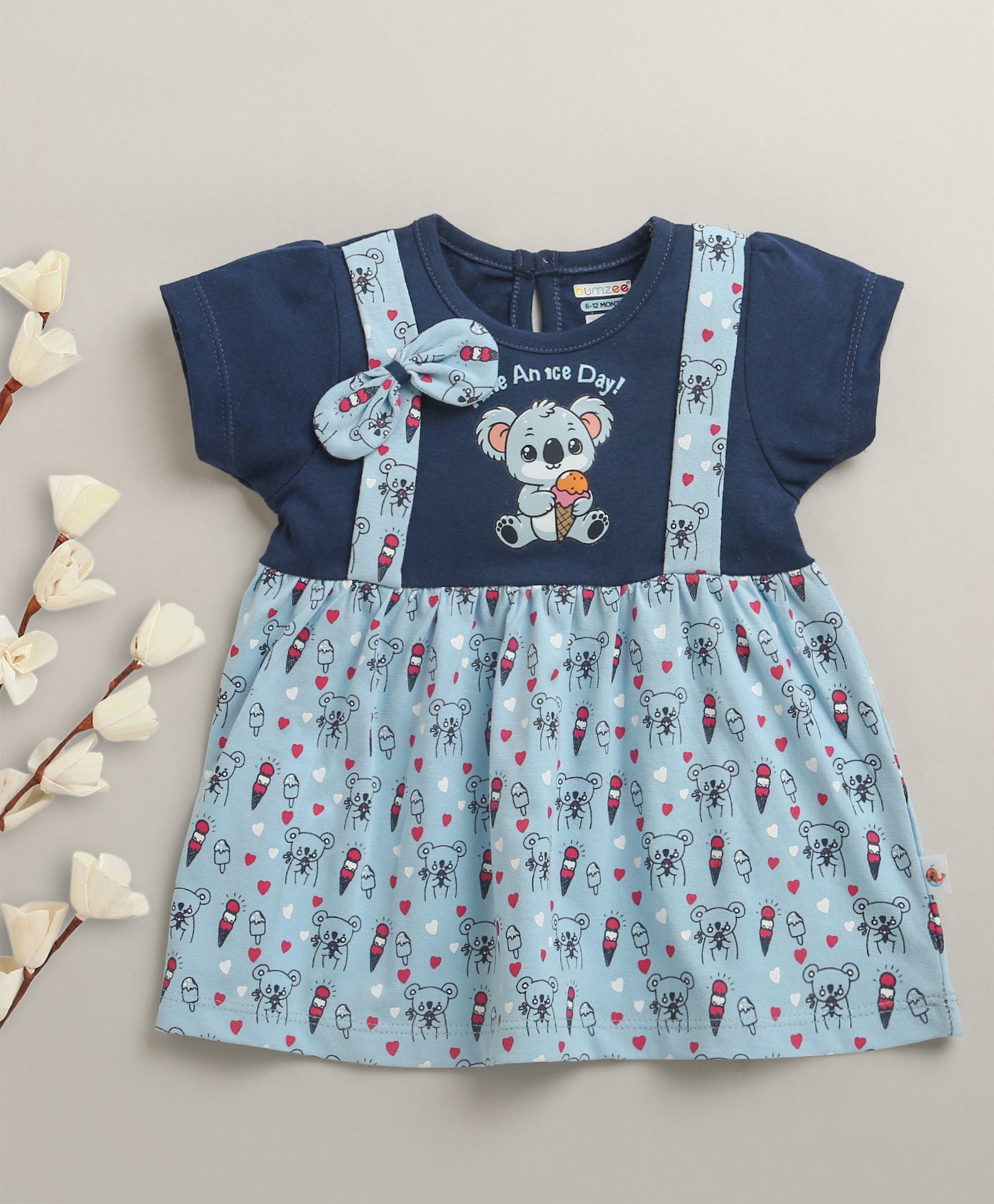 BUMZEE Sky Blue & Navy Girls Cap Sleeves Cotton Knee Length Frock