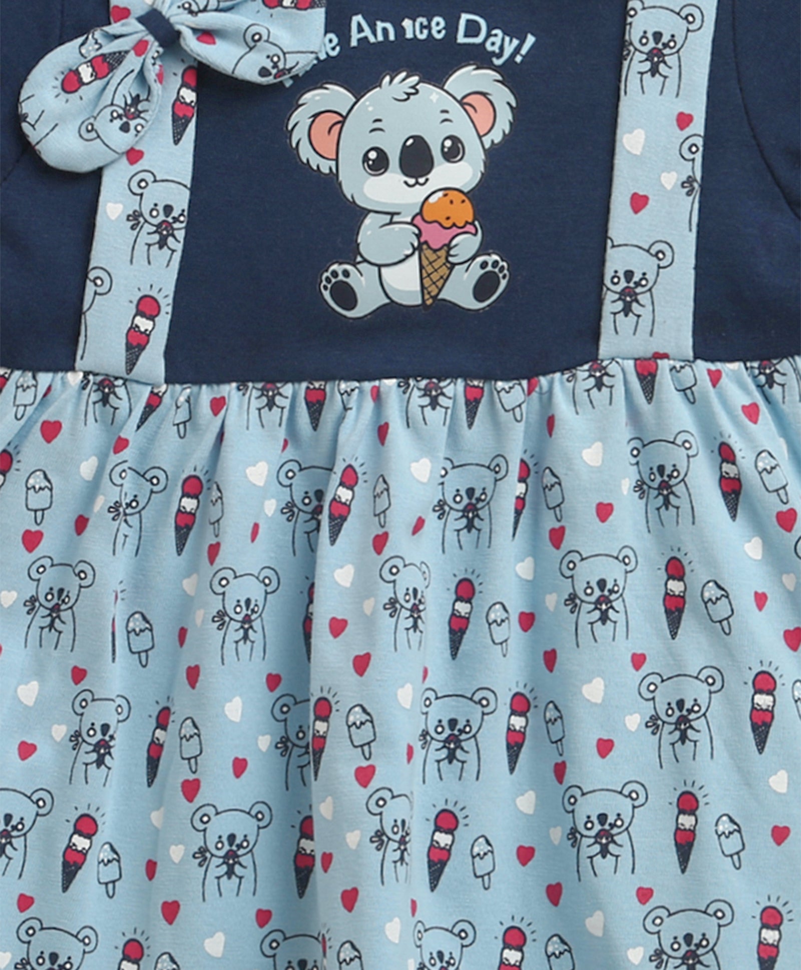 BUMZEE Sky Blue & Navy Girls Cap Sleeves Cotton Knee Length Frock