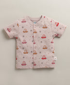 Bumzee Dusty Pink Graphic Print Jabla & Short Set, Half Sleeves, 100% Cotton