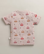 Bumzee Dusty Pink Graphic Print Jabla & Short Set, Half Sleeves, 100% Cotton