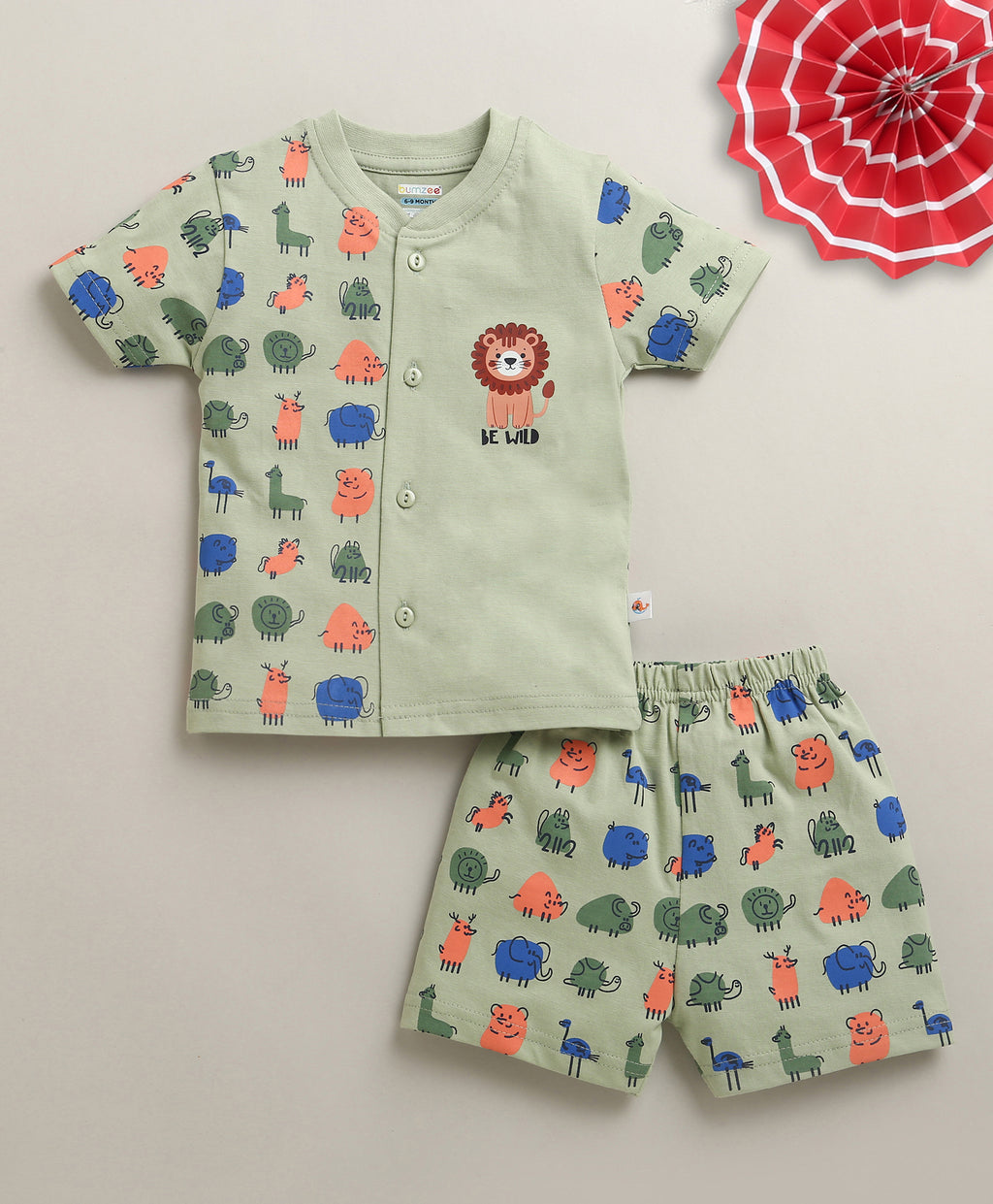 Bumzee Green Animal Print Jabla & Short Set, Half Sleeves, 100% Cotton (Style Peb11194)