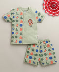 Bumzee Green Animal Print Jabla & Short Set, Half Sleeves, 100% Cotton (Style Peb11194)