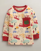 Bumzee Peach & Red Graphic Print T-Shirt & Pyjama Set, Full Sleeves, 100% Cotton