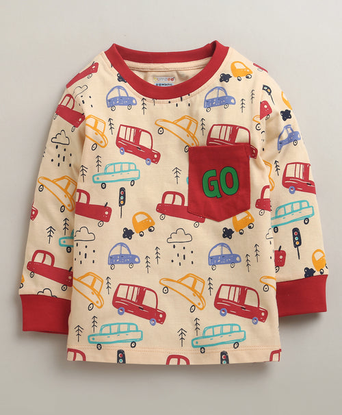 Boys 100% Cotton Vehicle Print T-Shirt & Pyjama Set - Peach & Red