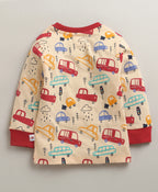 Bumzee Peach & Red Graphic Print T-Shirt & Pyjama Set, Full Sleeves, 100% Cotton