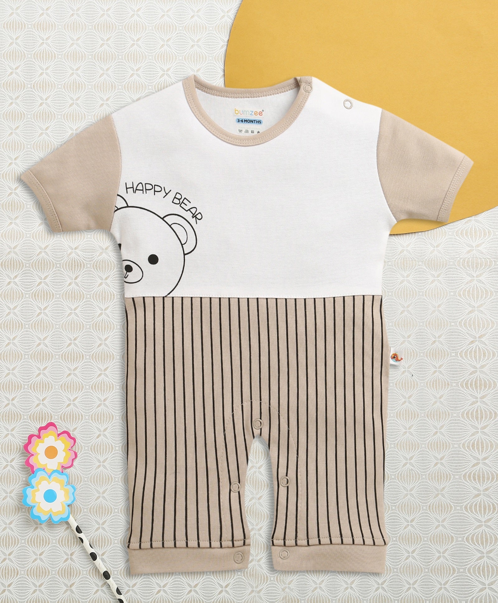 Brown & White Boys Half Sleeves Thigh Length Romper