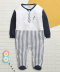 Bumzee White & Navy Striped Sleepsuit, Full Sleeves, 100% Cotton