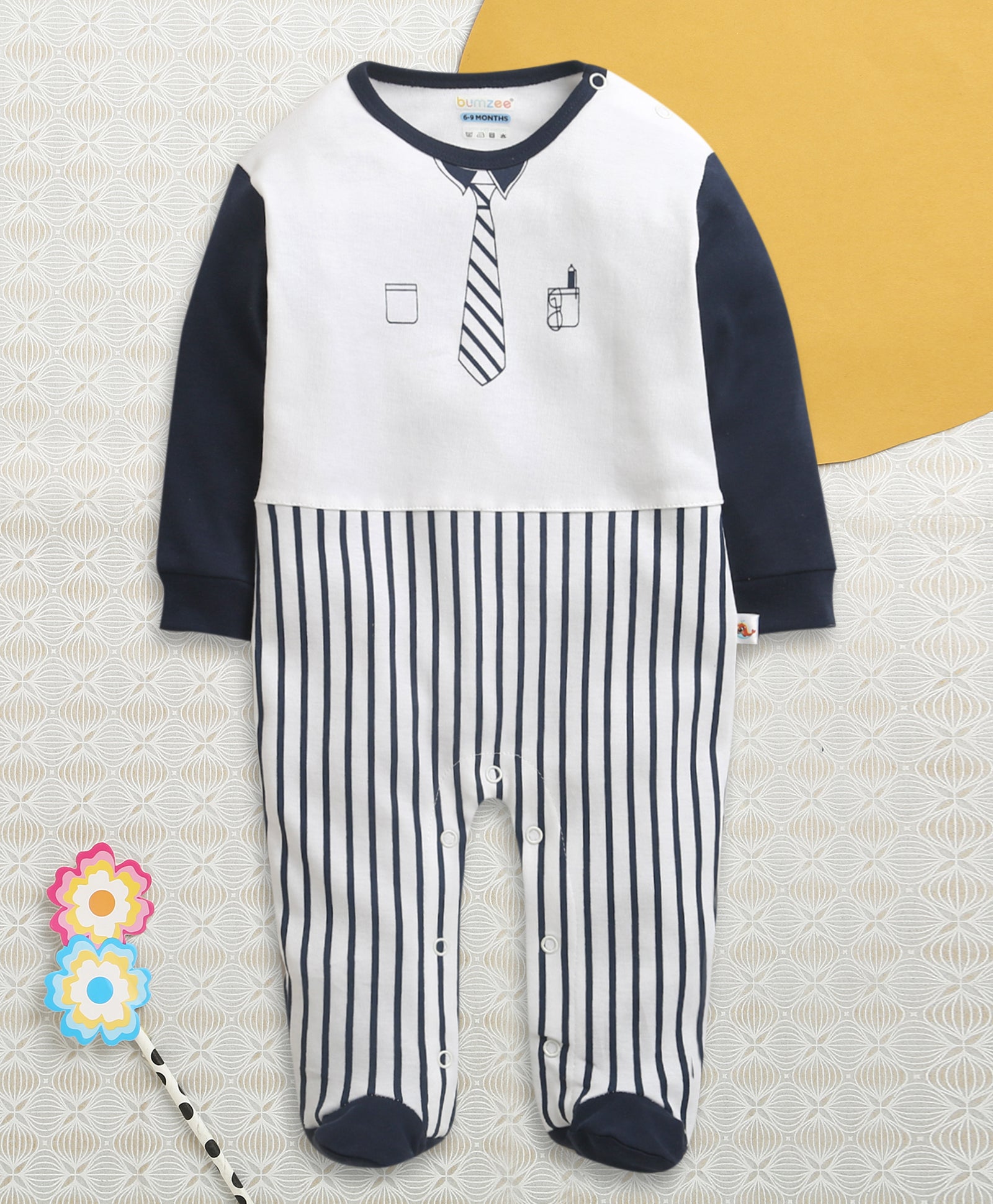 White & Navy Boys Full Sleeves Cotton Trendy Sleepsuit