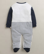Bumzee White & Navy Striped Sleepsuit, Full Sleeves, 100% Cotton