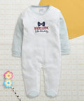 Bumzee White & Blue Embroidered Sleepsuit, Full Sleeves, 100% Cotton