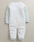 Bumzee White & Blue Embroidered Sleepsuit, Full Sleeves, 100% Cotton