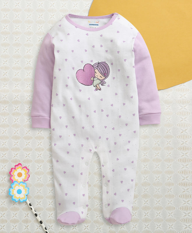 White & Lilac Girls Full Sleeves Cotton Trendy Sleepsuit