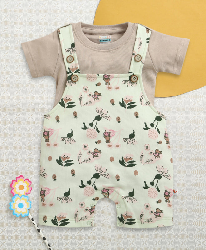 Green & Beige Baby Girls Half Sleeves Cotton Dungaree Set With Inner Tee