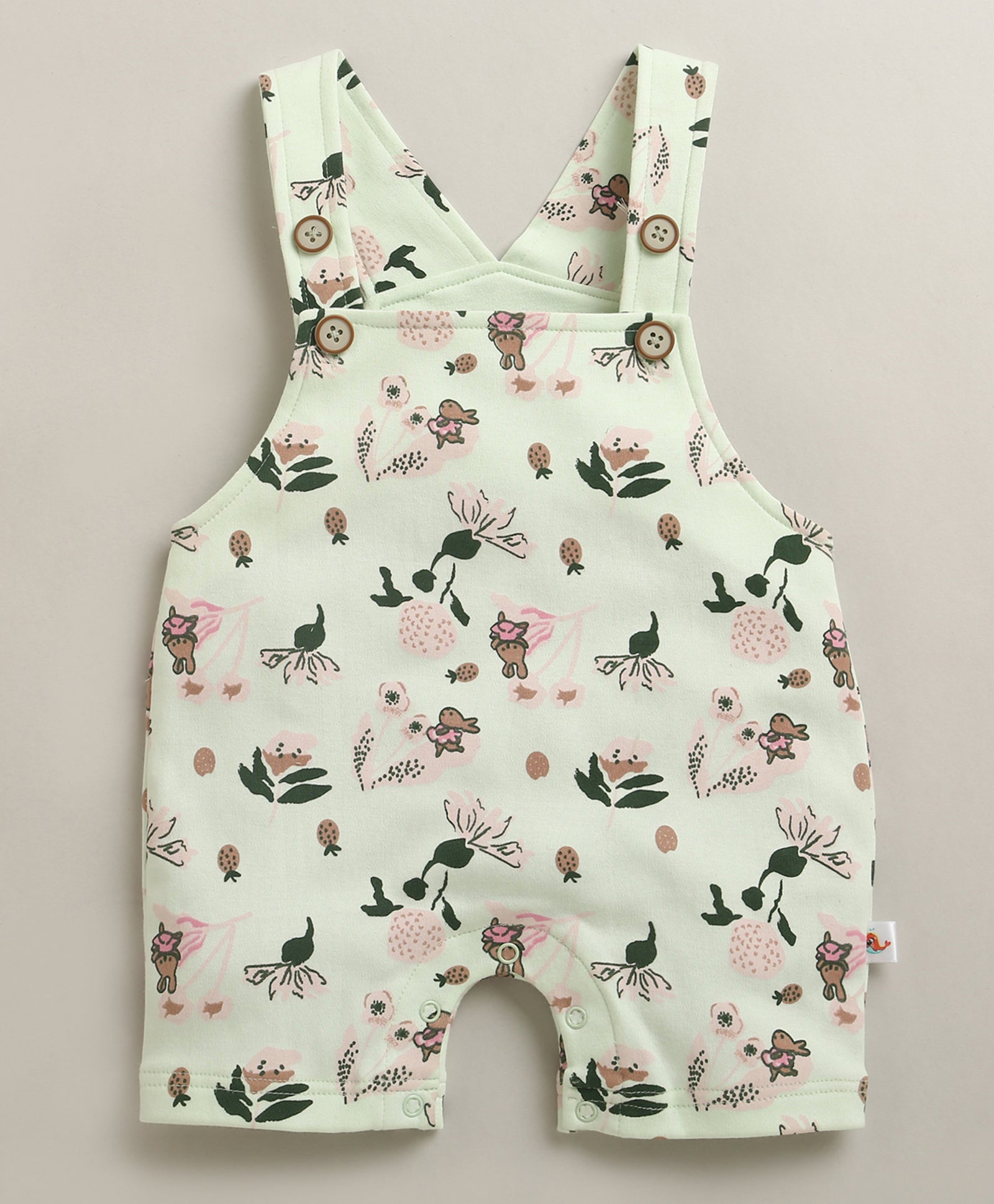 Green & Beige Baby Girls Half Sleeves Cotton Dungaree Set With Inner Tee