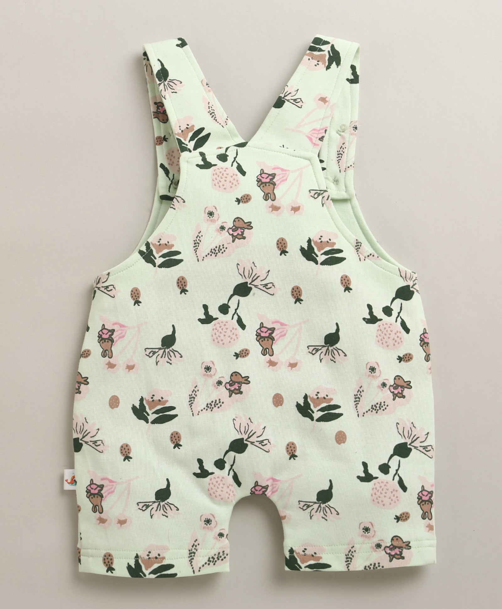 Green & Beige Baby Girls Half Sleeves Cotton Dungaree Set With Inner Tee