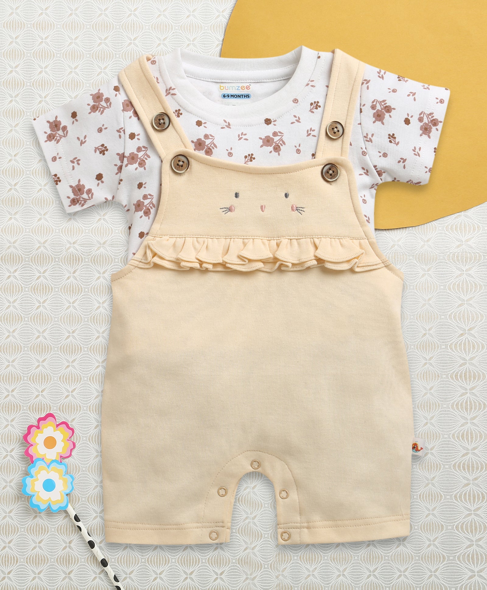 Peach & White Baby Girls Half Sleeves Cotton Dungaree Set With Inner Tee