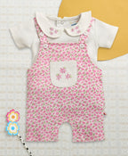 Bumzee Pink & White Floral Print Dungaree Set, Half Sleeves, 100% Cotton