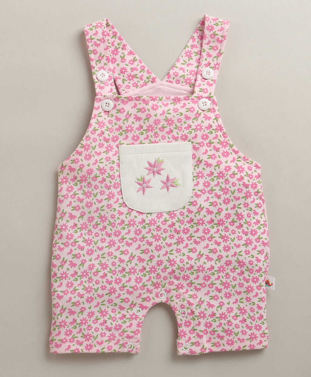 Bumzee Pink & White Floral Print Dungaree Set, Half Sleeves, 100% Cotton