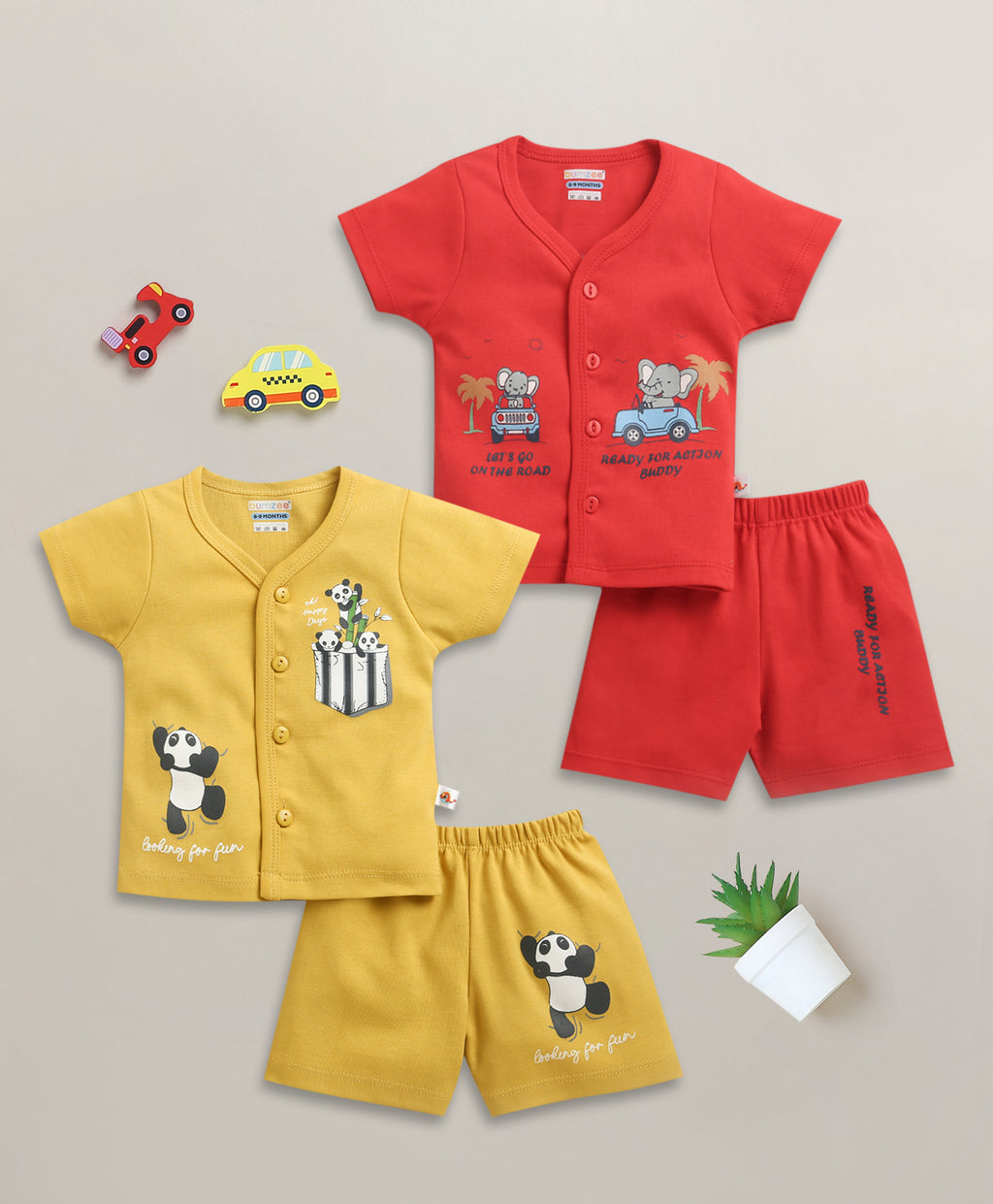 Bumzee Red & Mustard Jabla & Short Set, Pack of 2, Half Sleeves, 100% Cotton