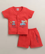 Bumzee Red & Mustard Jabla & Short Set, Pack of 2, Half Sleeves, 100% Cotton