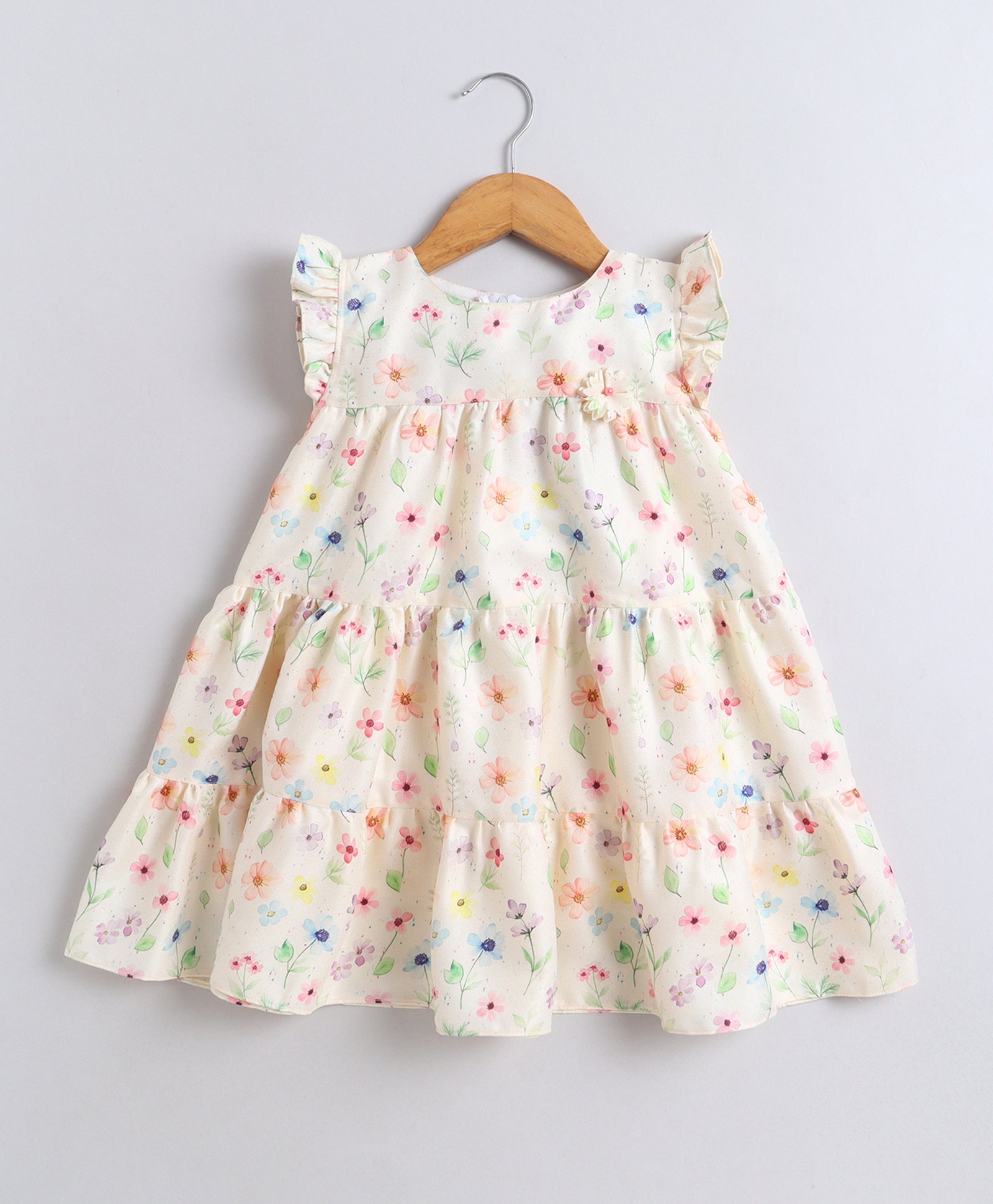 Cream Girls Cap Sleeves Polyester Knee Length Frock