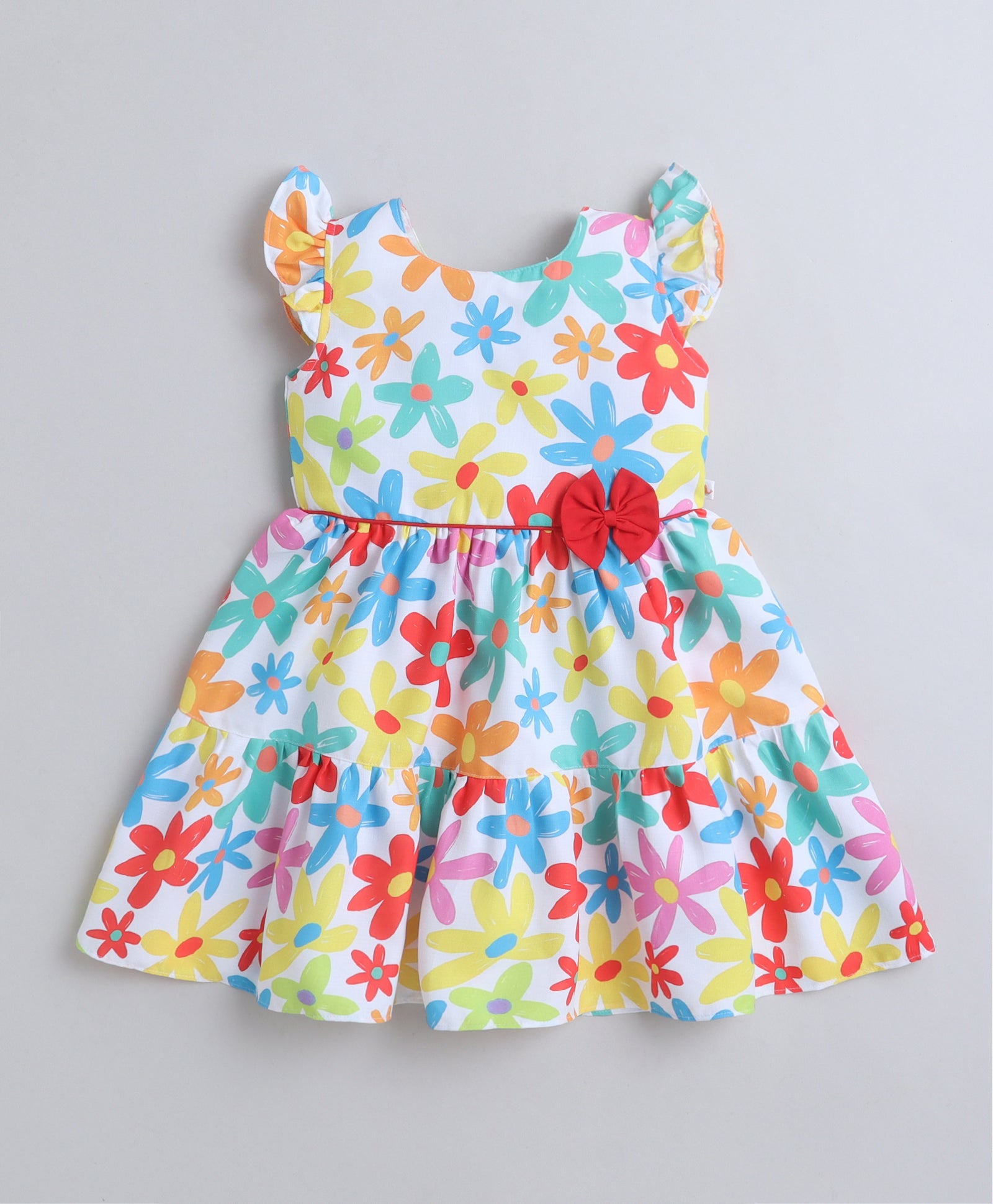Multi Girls Cap Sleeves Polyester Knee Length Frock