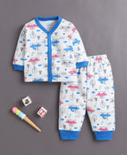 Bumzee Off White & Blue Graphic Print Jabla & Pyjama Set, Full Sleeves