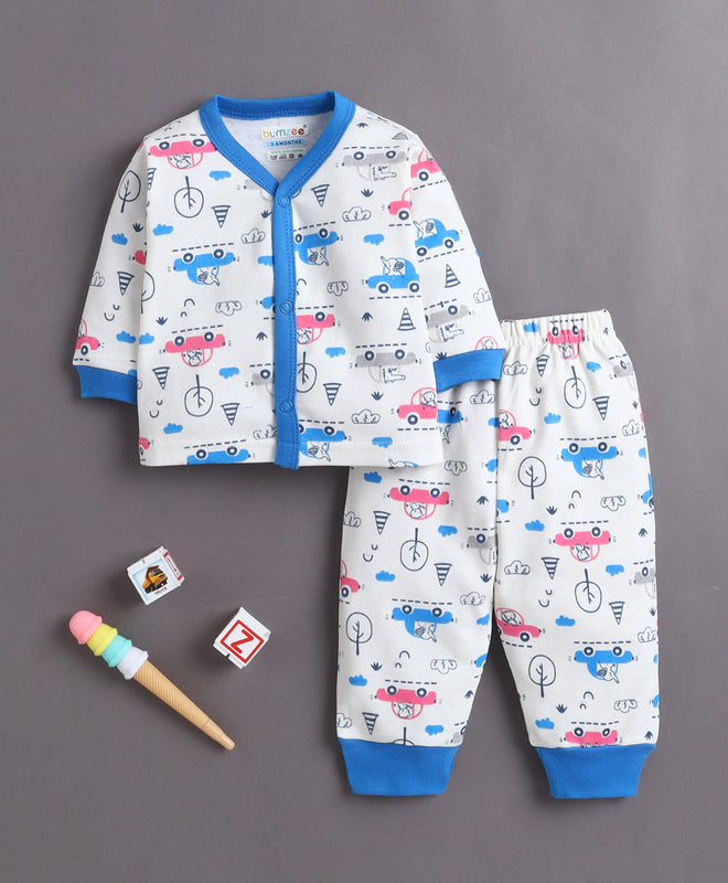 Off White & Blue Baby Boys Full Sleeves Jabla & Pyjama Set