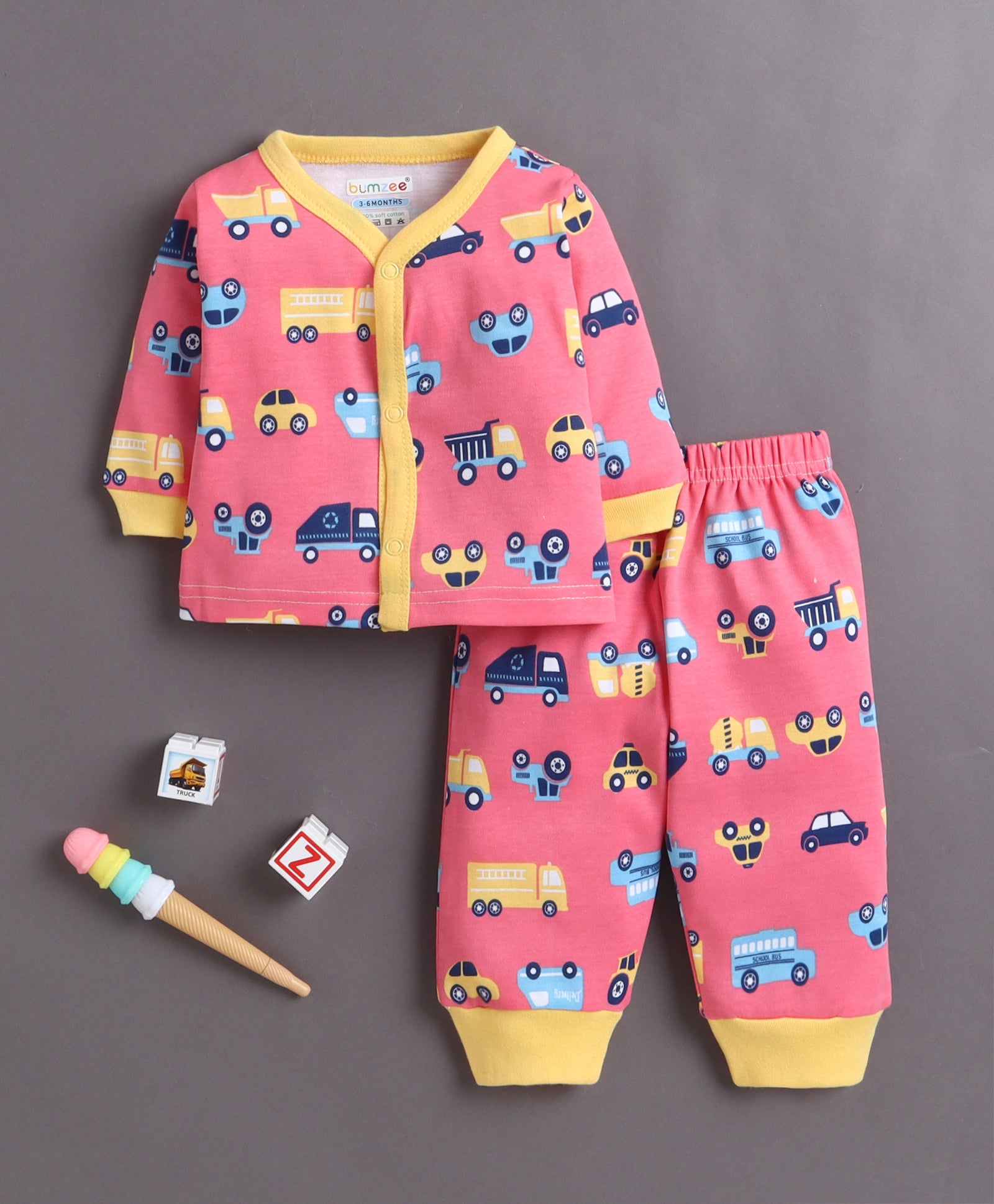 Coral & Yellow Baby Boys Full Sleeves Jabla & Pyjama Set