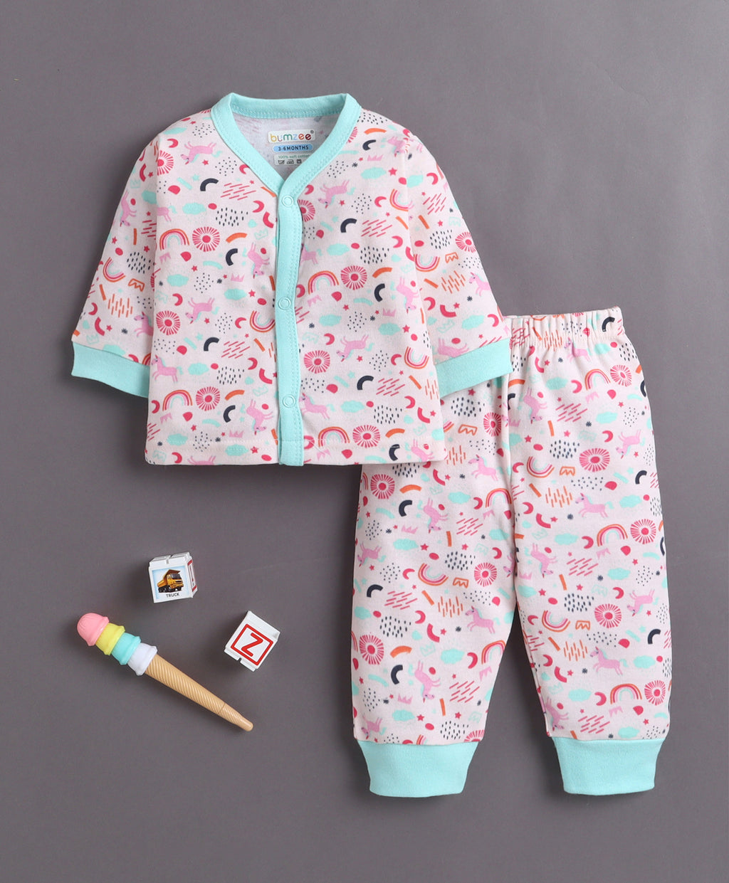 Bumzee Pink & Mint Animal Print Jabla & Pyjama Set, Full Sleeves, 100% Cotton