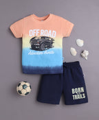 Bumzee Multi & Navy Graphic Print T-Shirt & Short Set, Half Sleeves, 100% Cotton