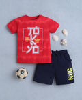 Bumzee Red & Navy Graphic Print T-Shirt & Short Set, Half Sleeves, 100% Cotton