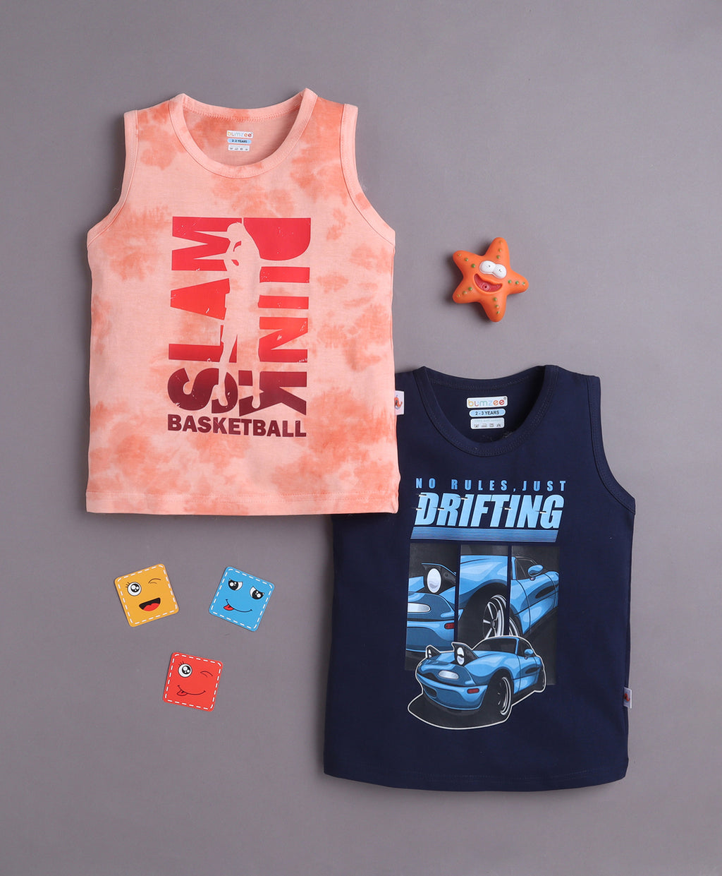 Bumzee Peach & Navy Graphic Print T-Shirt, Pack of 2, Sleeveless, 100% Cotton