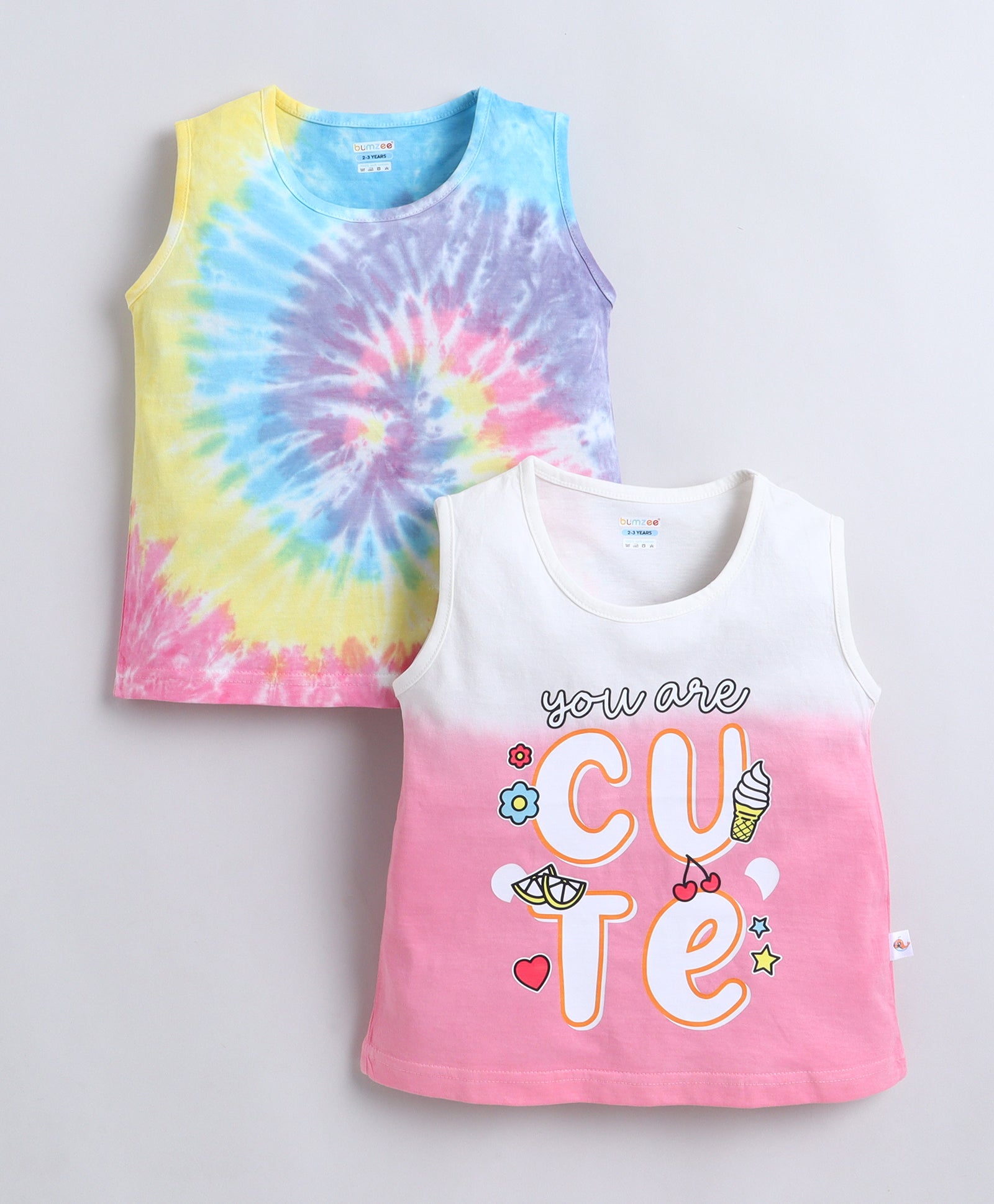 BUMZEE Multi Girls Sleeveless Cotton T-Shirts Pack Of 2