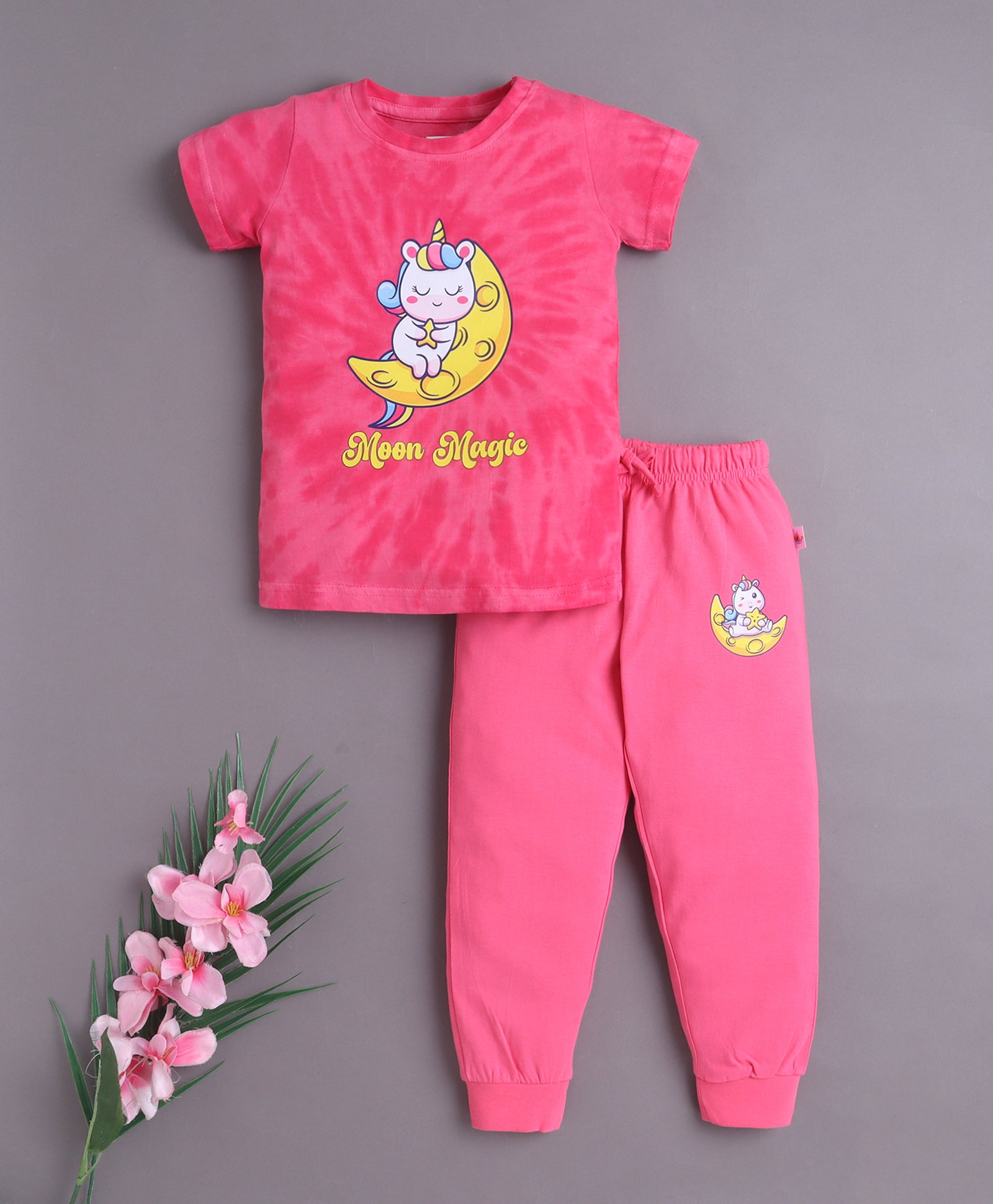 Pink Girls Half Sleeves Cotton T-Shirt & Pyjama Set