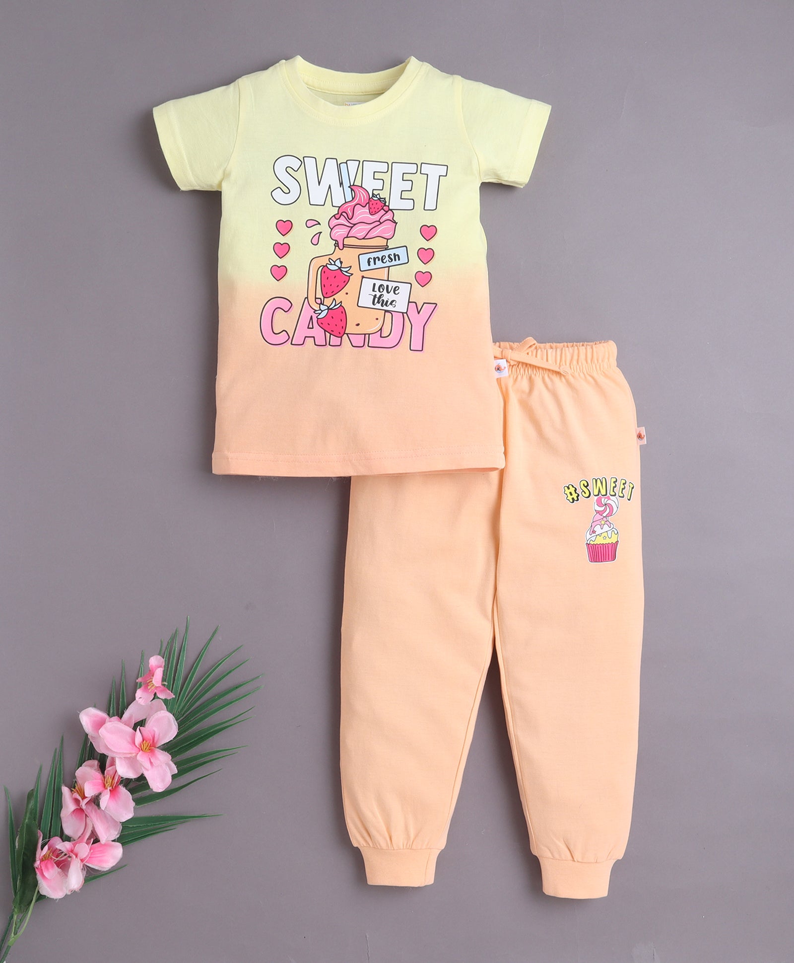 Peach & Yellow Girls Half Sleeves Cotton T-Shirt & Pyjama Set