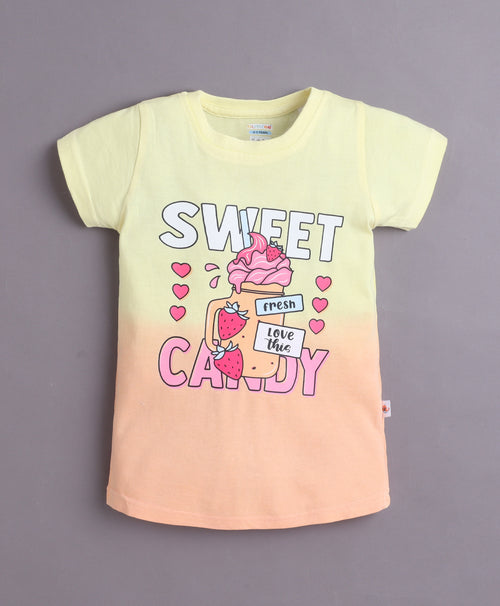 Girls 100% Cotton Graphic T-Shirt & Pyjama Set - Peach & Yellow