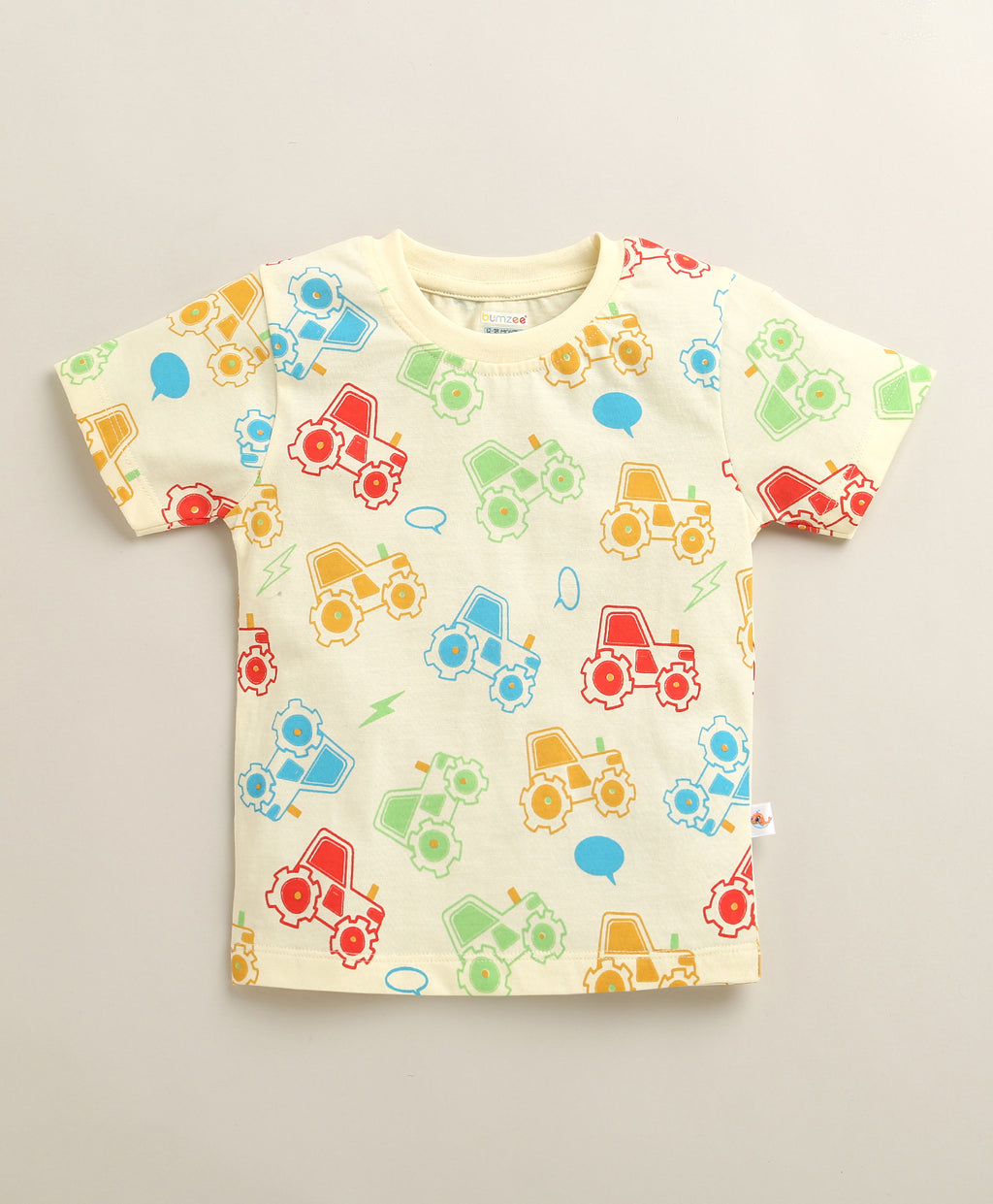 Bumzee Cream Graphic Print T-Shirt & Short Set, Half Sleeves, 100% Cotton