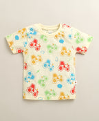 Bumzee Cream Graphic Print T-Shirt & Short Set, Half Sleeves, 100% Cotton